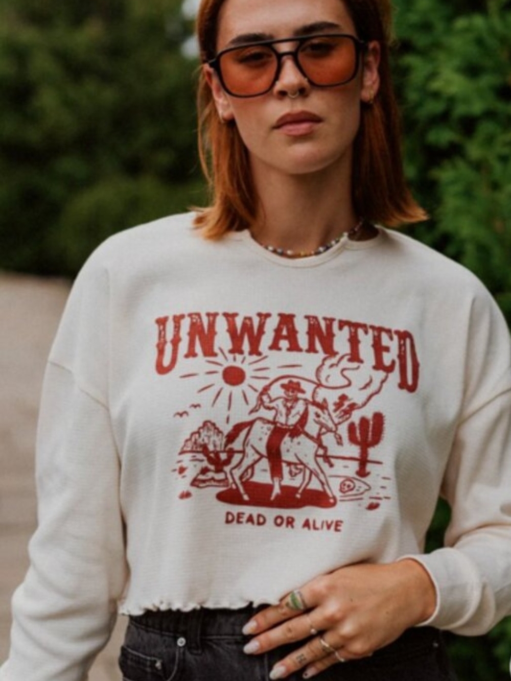 Unwanted Dead or Alive Cream Graphic Cropped Waffle Long Sleeve